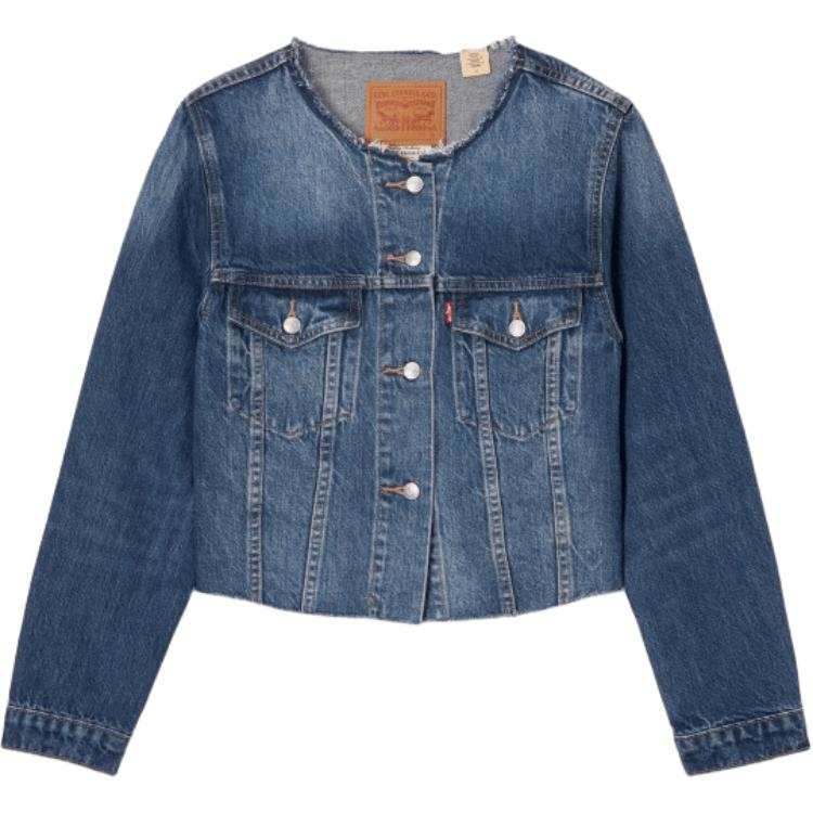 Levis SS24 Denim Jackets Women's Dark Blue Crew Neck Moderate Straight Fit