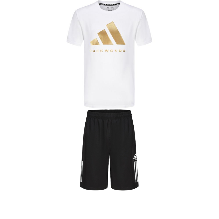 Adidas Adidas Taekwondo Casual Sportswear Men's Set White Gold Short Sleeved Shirt+Black Shorts