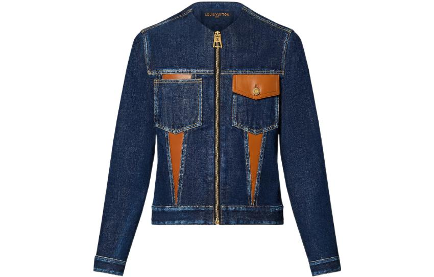 LOUIS VUITTON LOUIS VUITTON Pre Owned 2020s Leather panel Collarless Denim Jacket