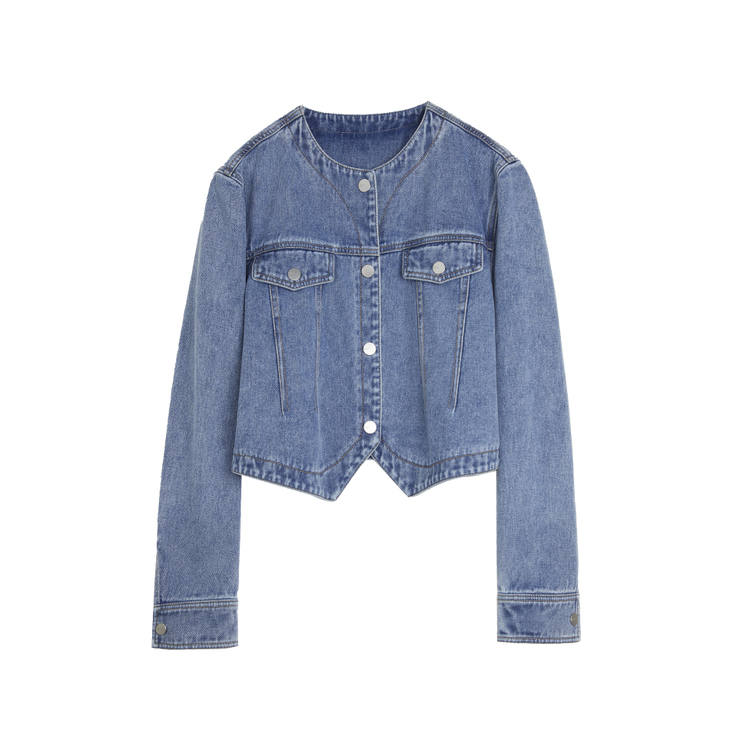 ELLE Denim Jackets Women's Blue Crew Neck Moderate Straight Fit
