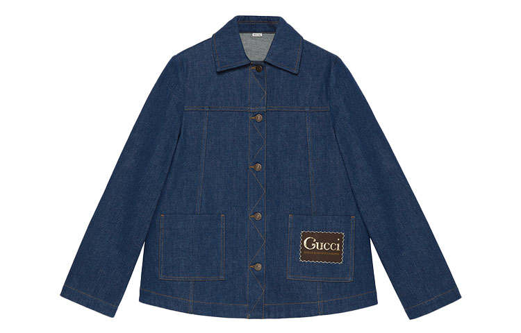 GUCCI Denim Jackets Women's Dark Blue Lapel Moderate Straight Fit