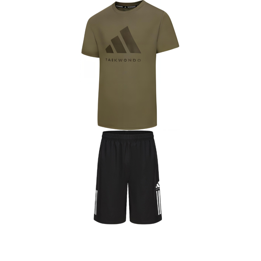 Adidas Adidas Taekwondo Casual Sportswear Men's Clothing Set Green Short Sleeved Shirt+Black Shorts