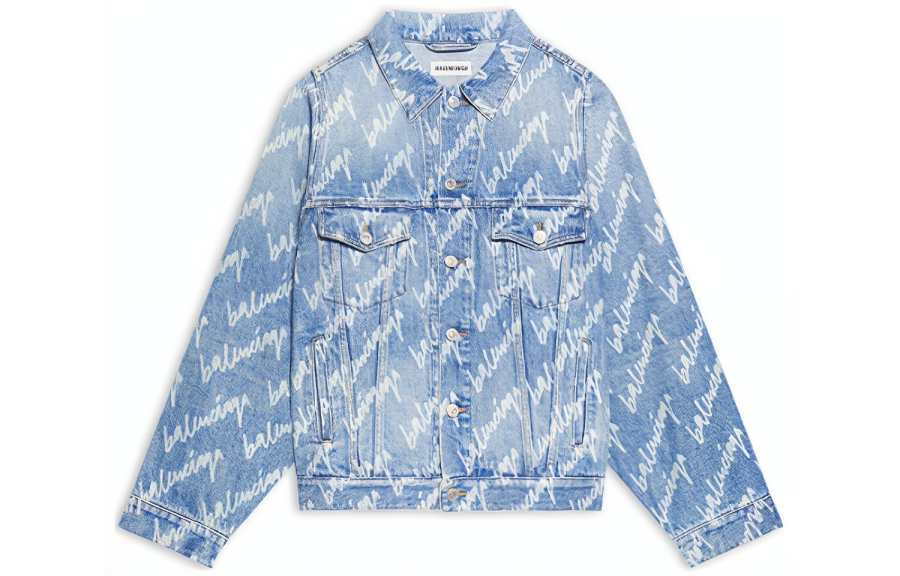 Balenciaga Women'ss All Over Logo Bell Sleeve Large Fit Denim Jacket Indigo/White