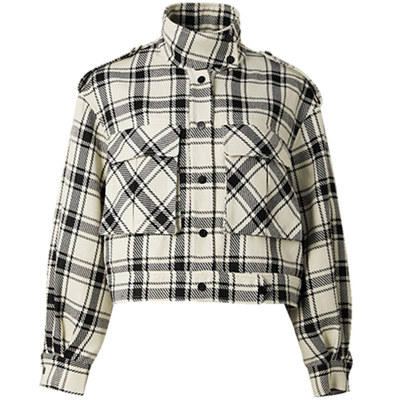 ELLE Cropped Coats Women's Black White Plaid Moderate