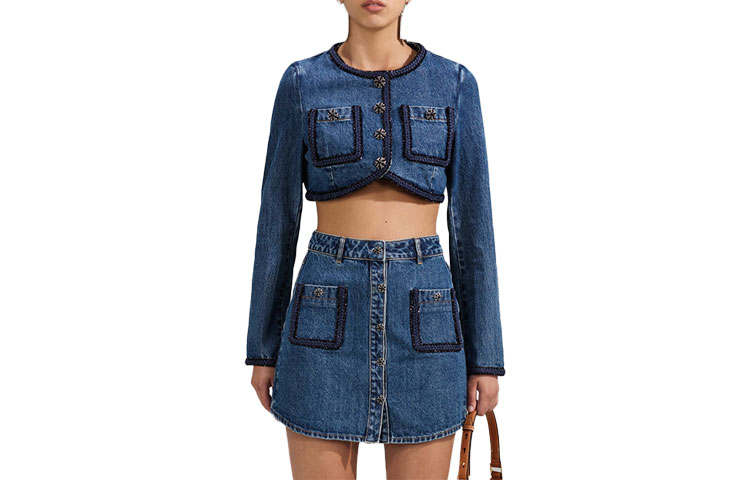 Self-portrait Self Portrait SS23 Cropped Coats Women's Denim Blue Collarless Moderate