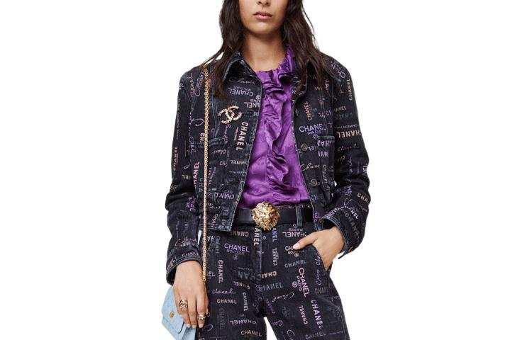 CHANEL Denim Jackets Women's Black Lapel Moderate Straight Fit