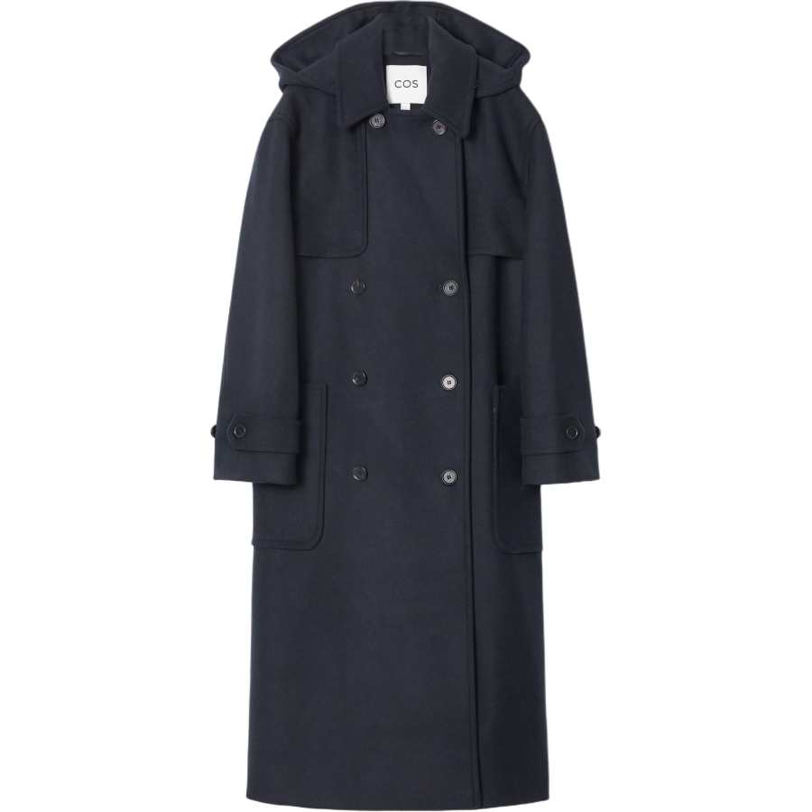 COS Coats Women's Navy Blue Hooded Moderate Straight Fit