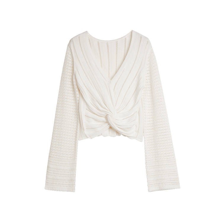 ELLE Knitwear Women's White V Neck Thin