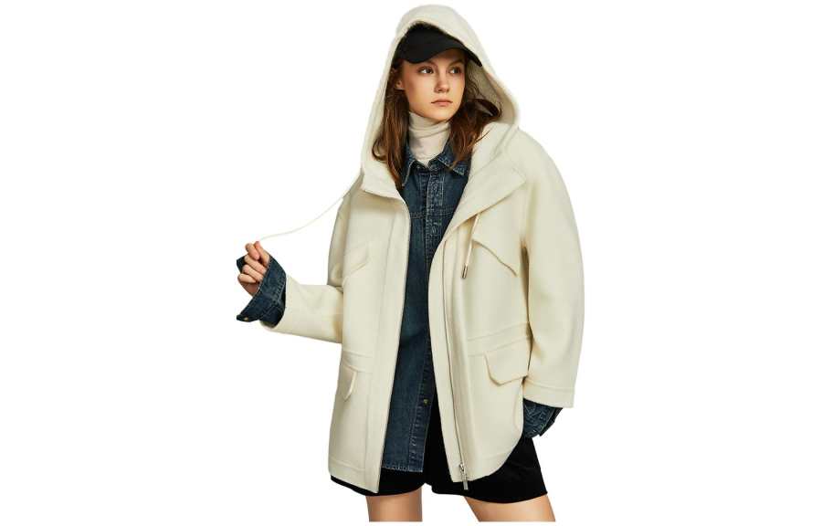 ELLE Coats Women's Ecru Hooded Moderate Straight Fit