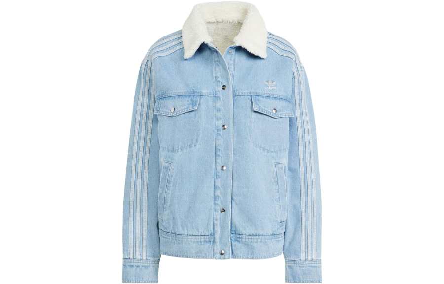 Adidas Originals Hot Girl Collection Denim Jackets Women's Light Blue Square Collar Thickened And Fleece Lined Straight Fit