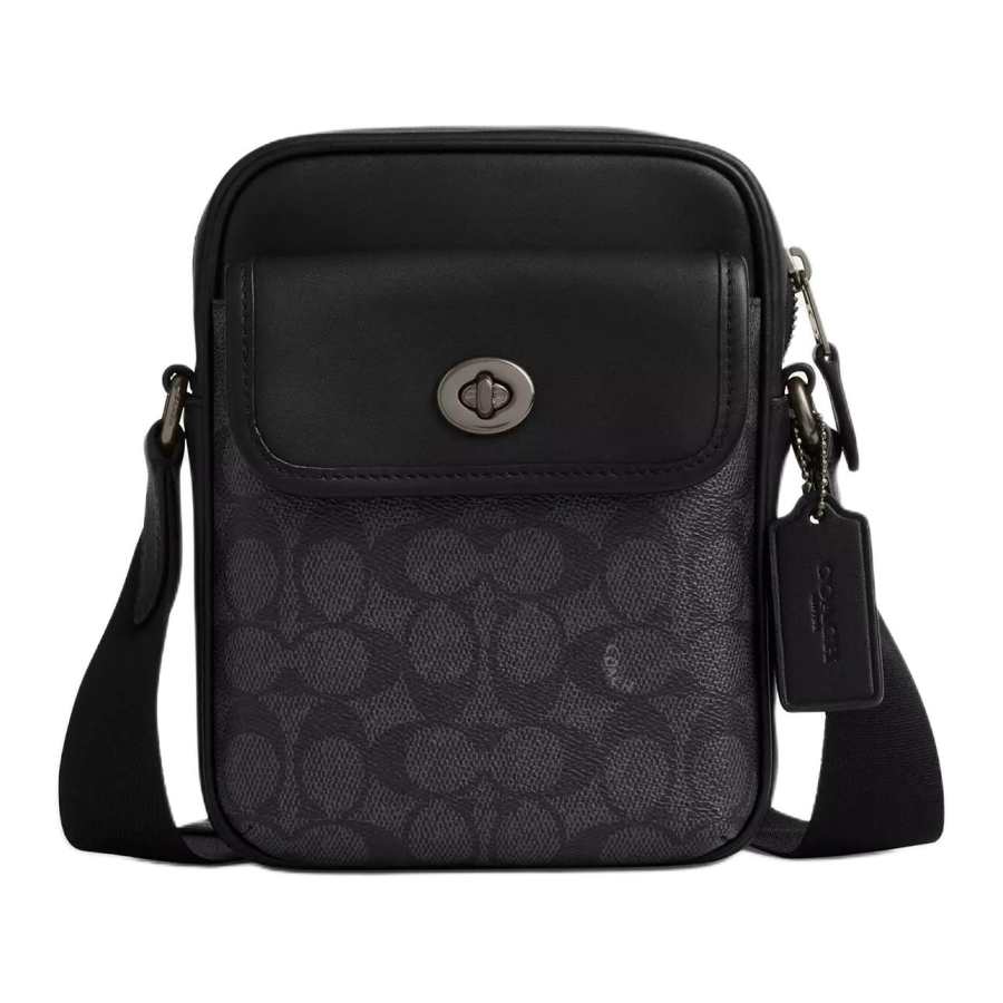 COACH Turnlock Smooth Calfskin Shoulder Bag, Crossbody Bag Mini Men's Charcoal Gray & Black