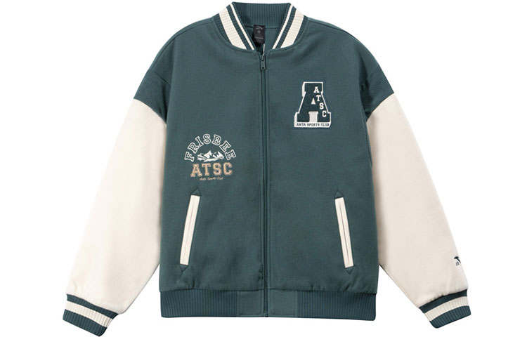 Anta Life Collection Letter Embroidery Multicolor Fleece Lined Loose Fit Casual Baseball Jacket Women's Gulf Green