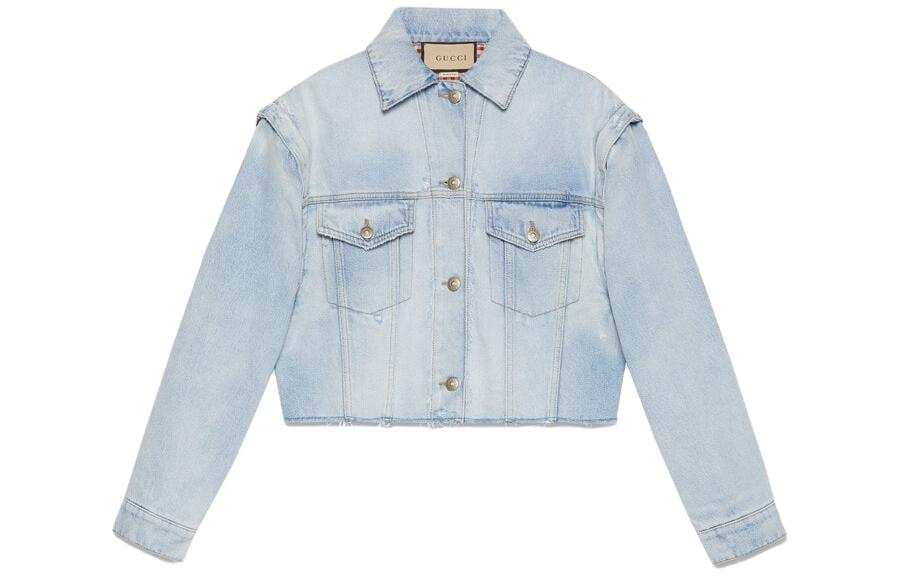 GUCCI Cropped Coats Women's Blue Lapel Moderate