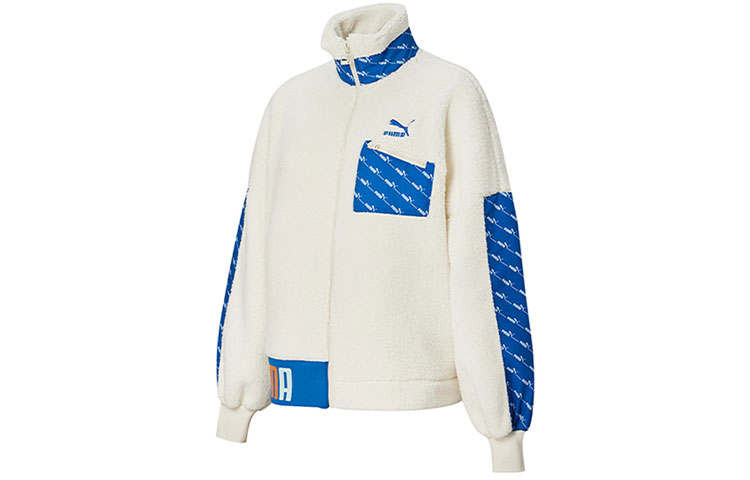 PUMA Vintage Faux Sherpa Patchwork Thermal Fleece Lined Jacket Coat Women's Ecru