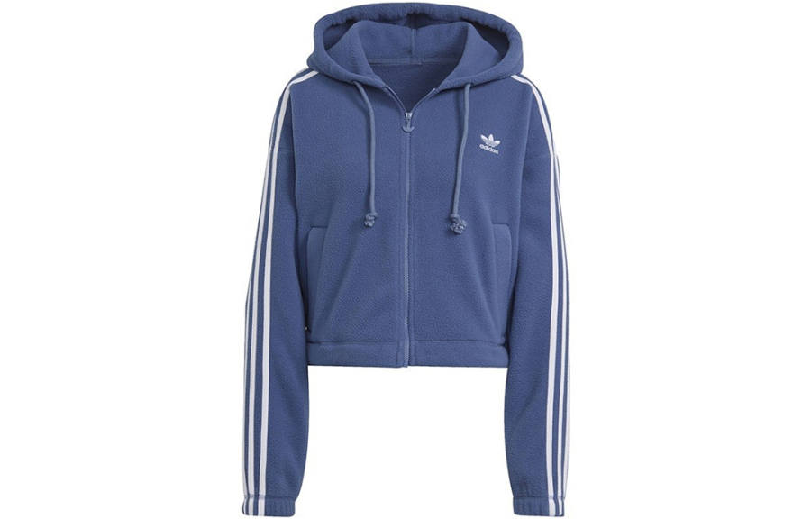 Adidas Originals Casual Sports Fleece Lined Hooded Cropped Coat Women's Blue