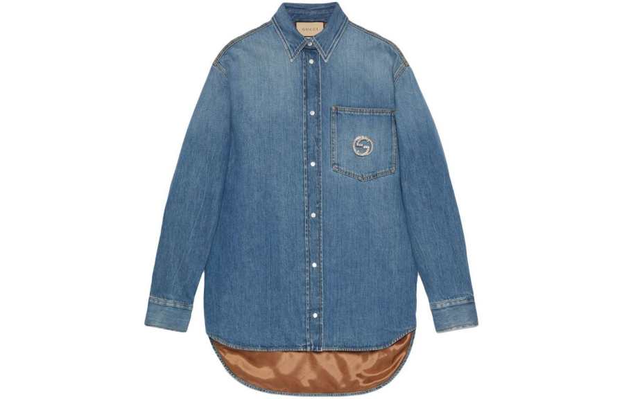 GUCCI GUCCI Logo Plaque Collared Long Sleeve Shirt