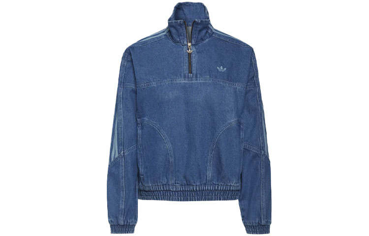 Adidas Originals Denim Jackets Women's Blue Stand Collar Moderate Straight Fit