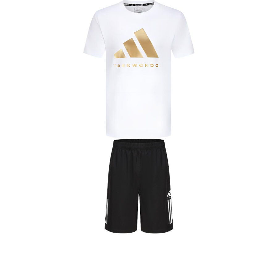 Adidas Adidas Taekwondo Casual Sportswear Men's Set White Gold Short Sleeved Shirt+Black Shorts