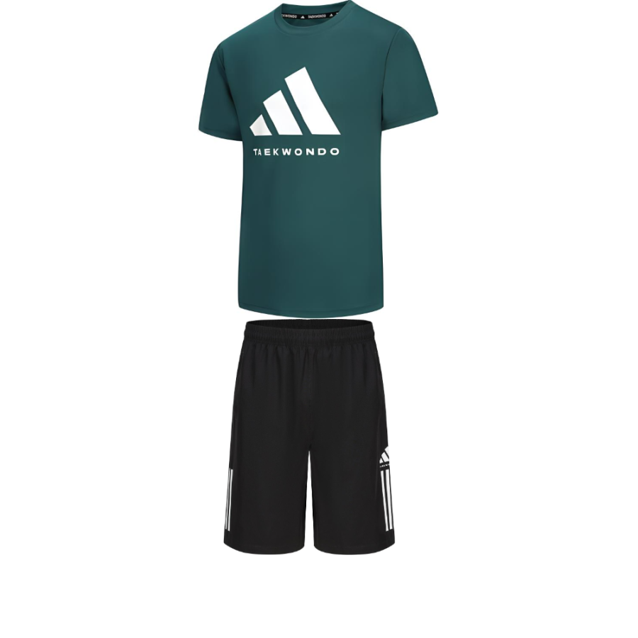 Adidas Adidas Taekwondo Casual Sportswear Men's Clothing Set Green Short Sleeved Shirt+Black Shorts