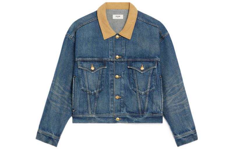 CELINE Denim Jackets Women's Blue Lapel Moderate Straight Fit
