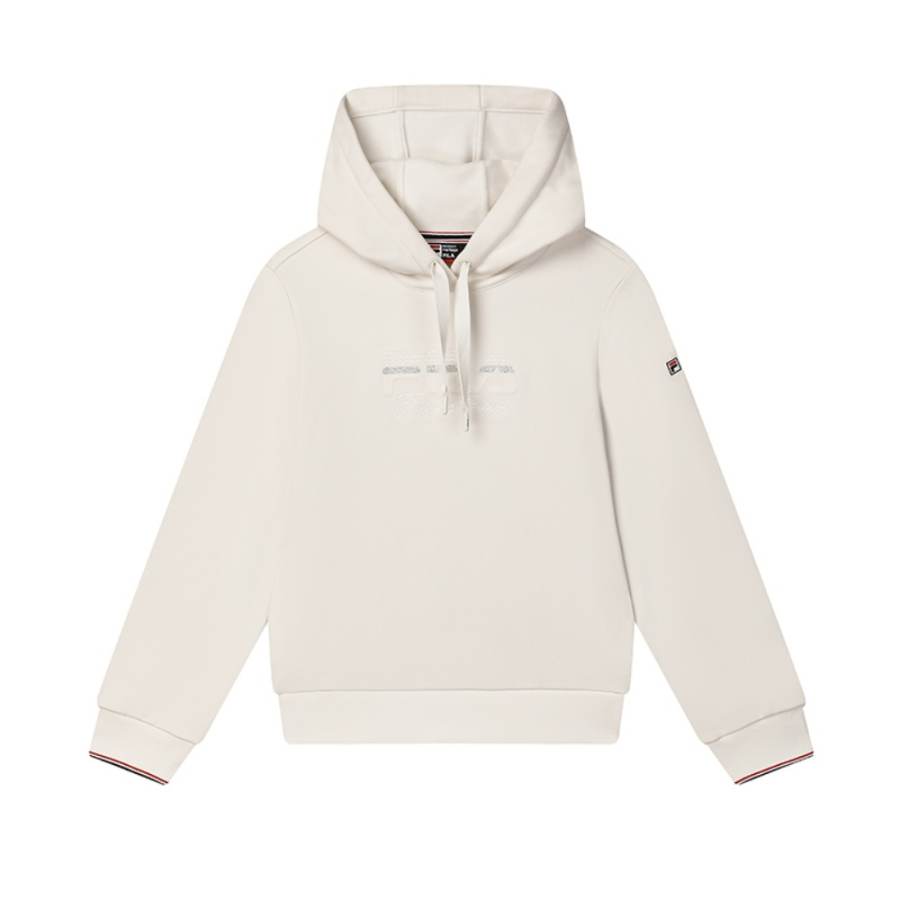 FILA WHITE Fleece Lined Thermal Trendy Casual Versatile Knitted Fabric Hooded Sweatshirt Women's Vapor White