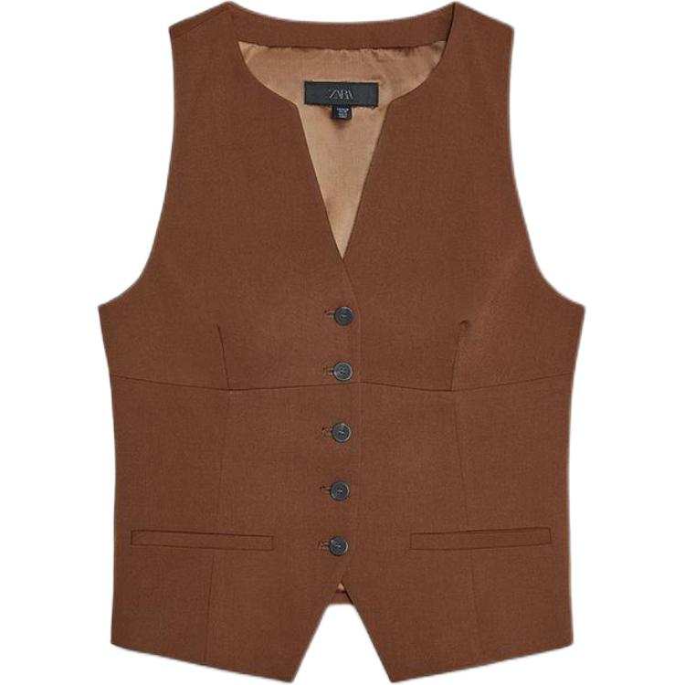 ZARA Vests Women's Light Brown Crew Neck Moderate Business Suit