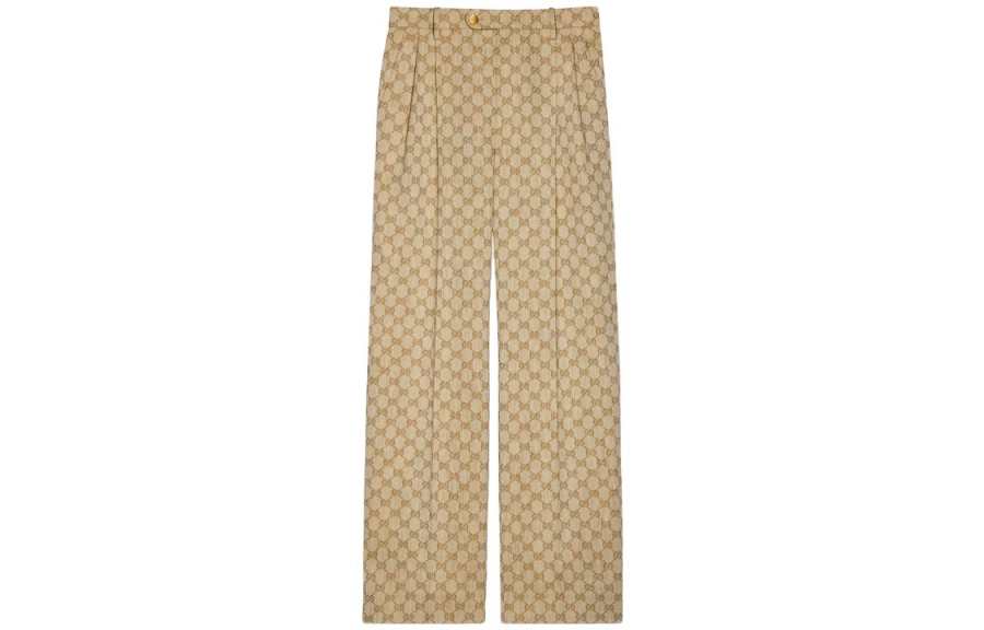 GUCCI Gg Linen Cotton Jacquard Trousers Beige