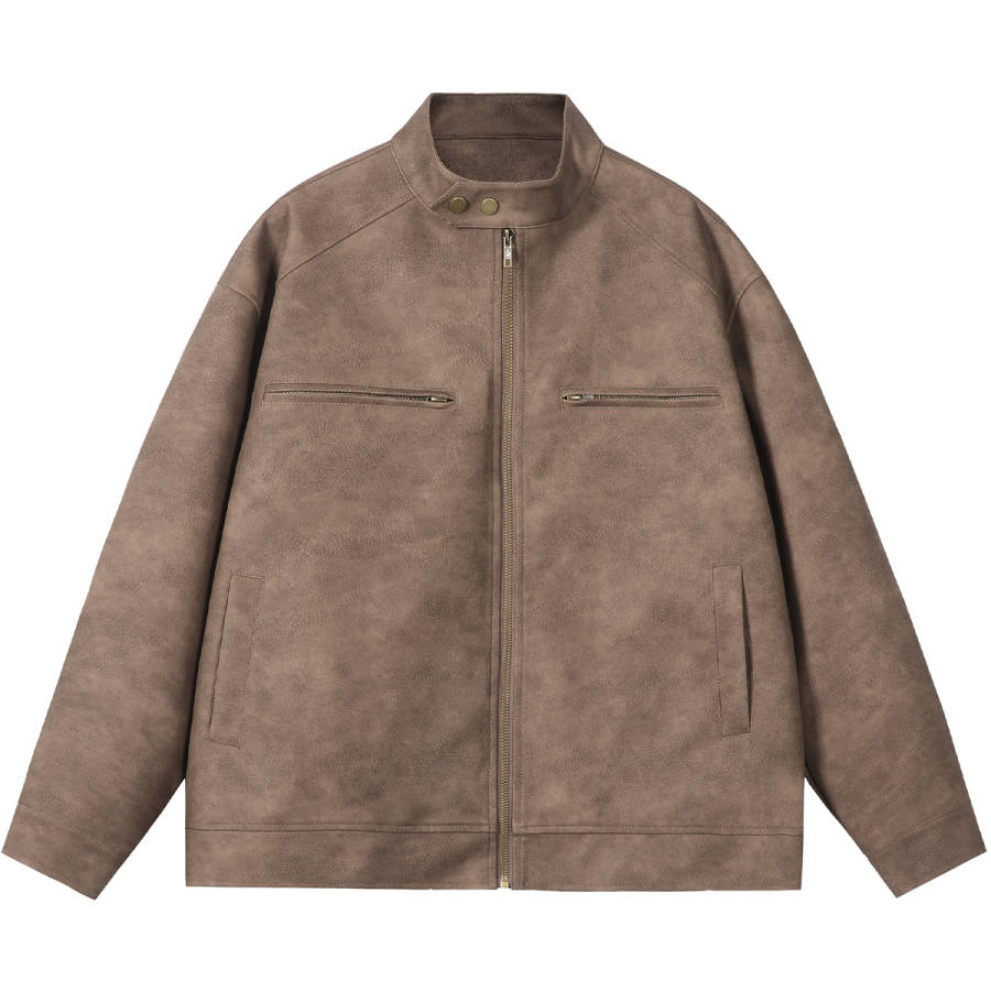 NANDCHN Leather Jackets Unisex Stand Collar Moderate Biker Jacket