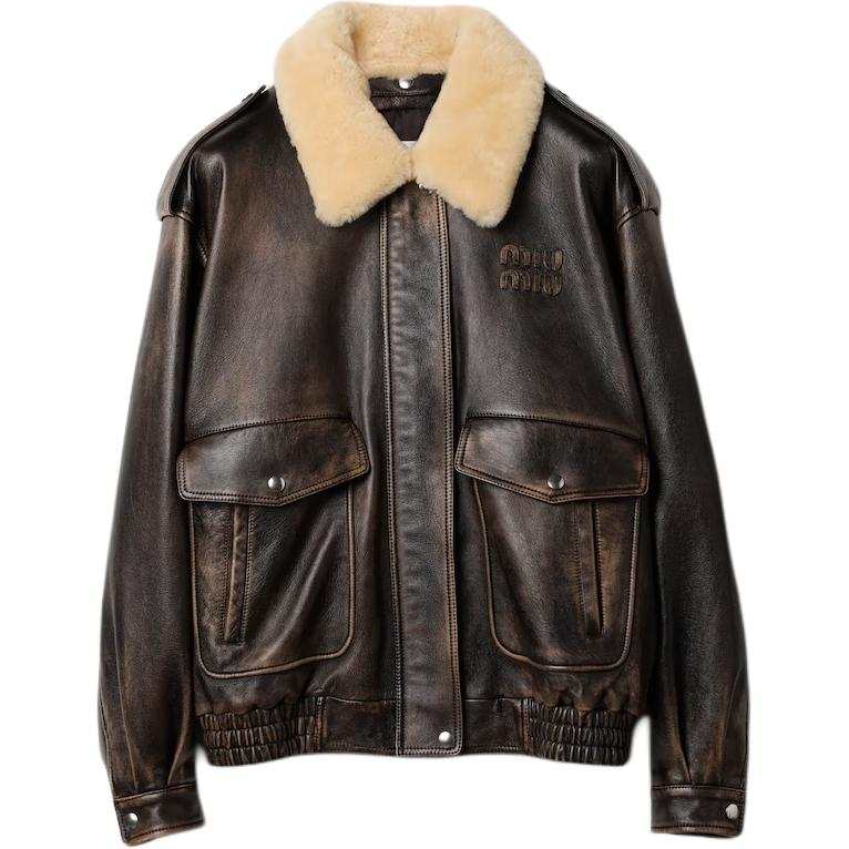 MIU MIU Logo Lettering Long Sleeved Leather Jacket