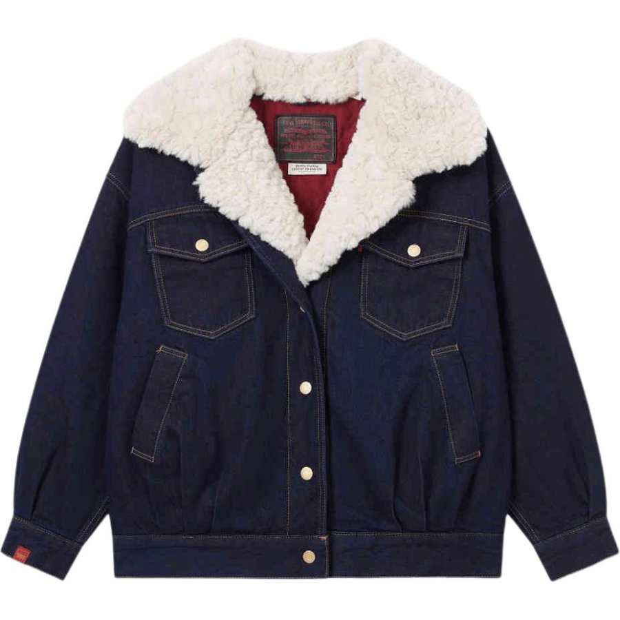 Levis CNY Denim Jackets Women's Dark Blue V Neck Thickened Other