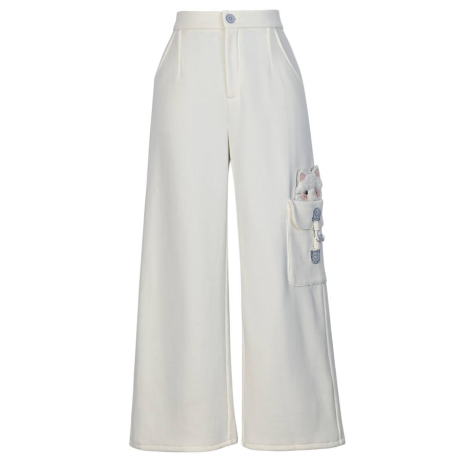 SNBL Original Cute Kitten Design Thickened And Fleece Lined Straight Fit Loose Fit Casual Pants Women's White