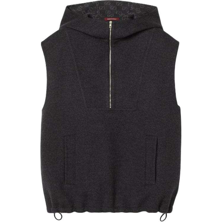 GUCCI Embroidered Wool Silk Hooded Gilet Vest Women's Dark Gray