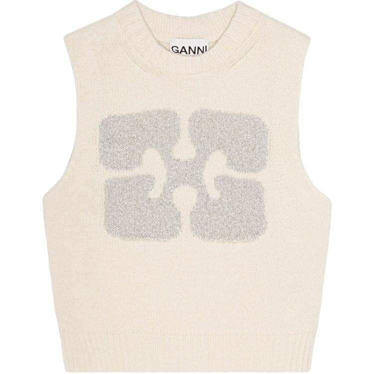 GANNI Glittery-Logo Crewneck Sleeveless Knitted Vest