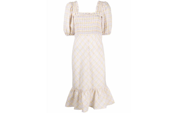 GANNI Short Sleeved Dresses Women's Yellow Square Collar