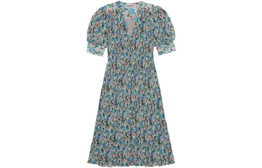 GANNI Floral Printed V Neck Midi Dress