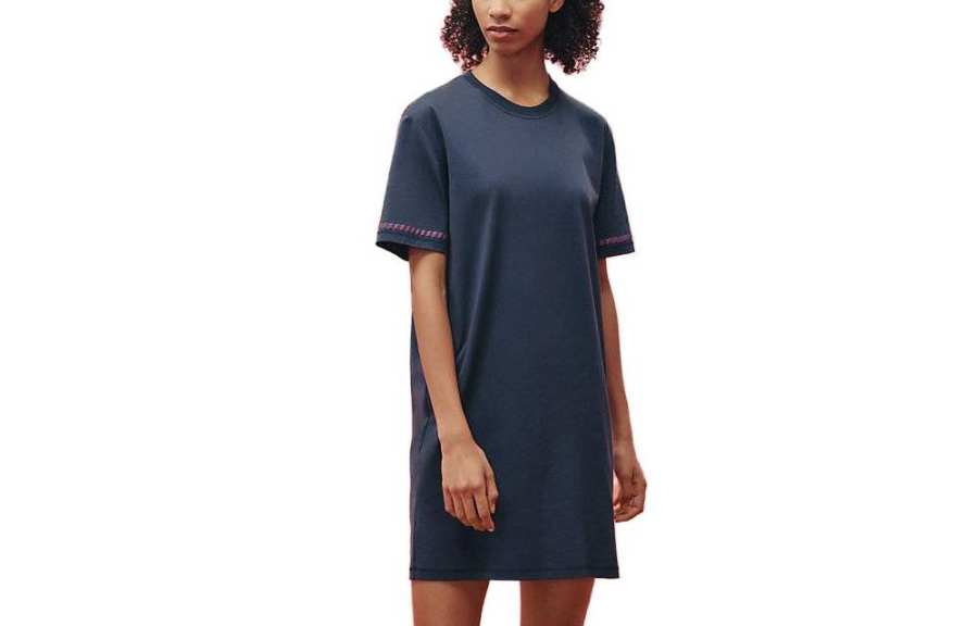 HERMES Short Sleeved Dresses Women's Navy Crew Neck Moderate Short