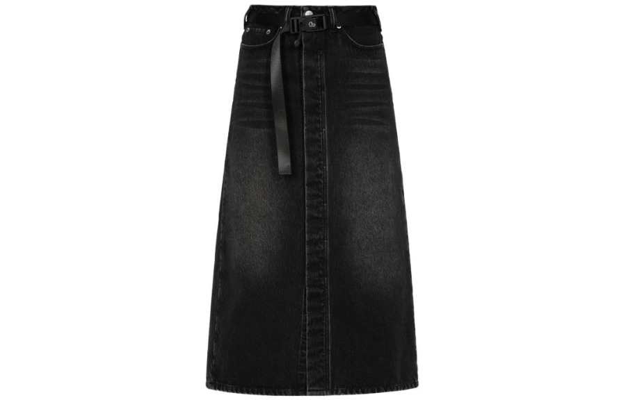 EVISU Denim Long Skirts Women's Black Moderate Mid Length A Line Skirt