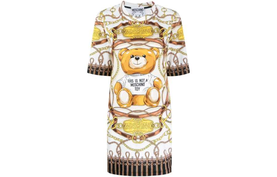 MOSCHINO Short Sleeved Dresses Women's Ecru Crew Neck Moderate Short