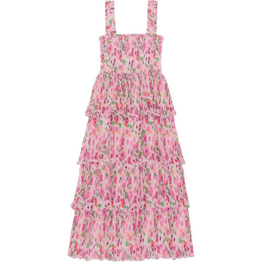 GANNI Pleated Georgette Smock Midi Dress Women's Sweet Plum Pink