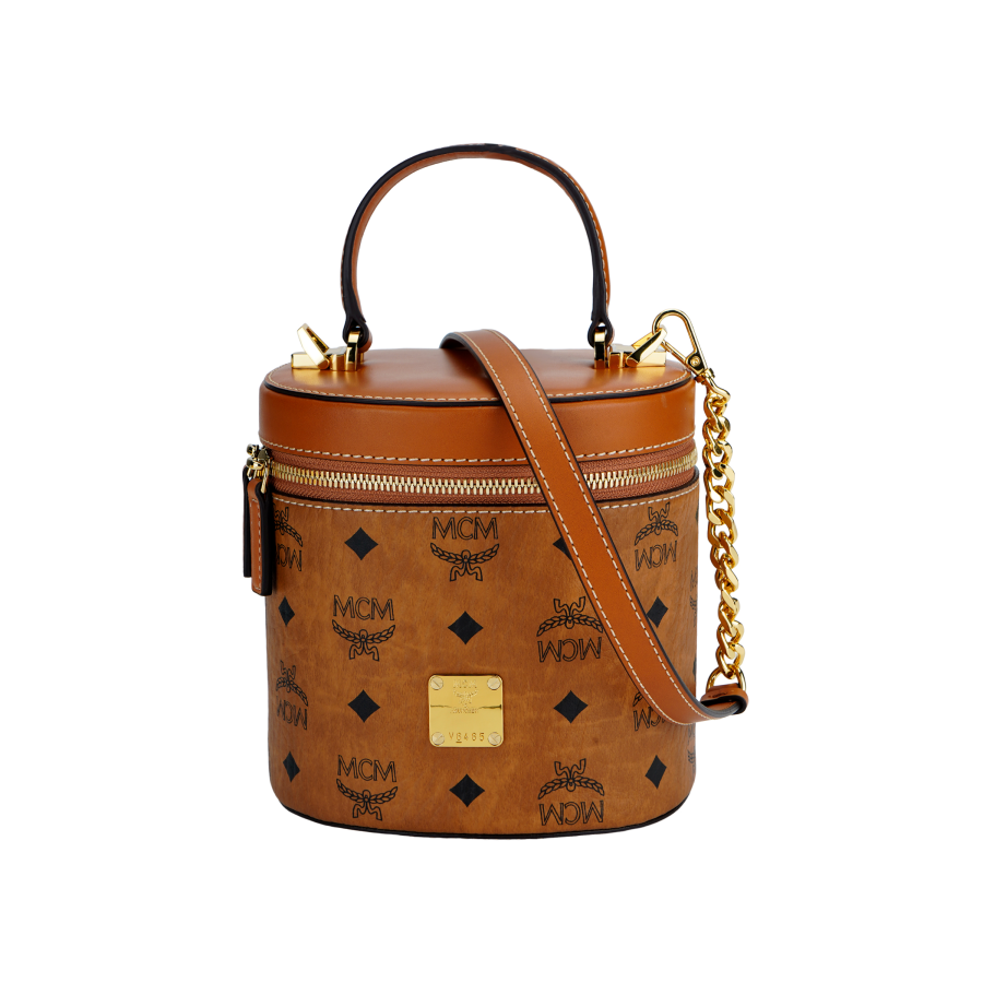 MCM Visetos Leather Cylinder Bag Handbag Small Women's Brown & Cognac