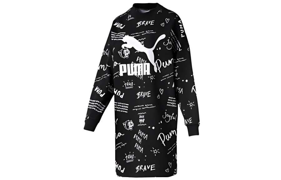 PUMA Long Sleeved Dresses Women's Black Crew Neck Moderate Mid Length