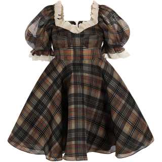 Selkie FW24 Short Sleeved Dress Women's Brown Base With Houndstooth Pattern Print
