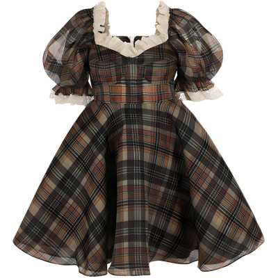 Selkie FW24 Short Sleeved Dress Women's Brown Base With Houndstooth Pattern Print