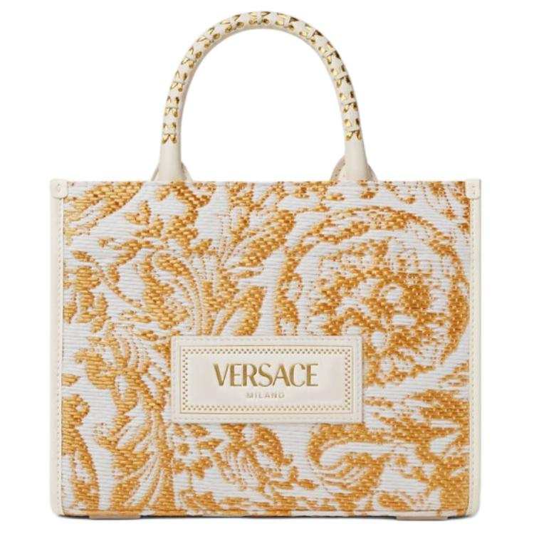 VERSACE Barocco Raffia Tote Bag, Shopping Bag, Handbag Small Women's White & Gold