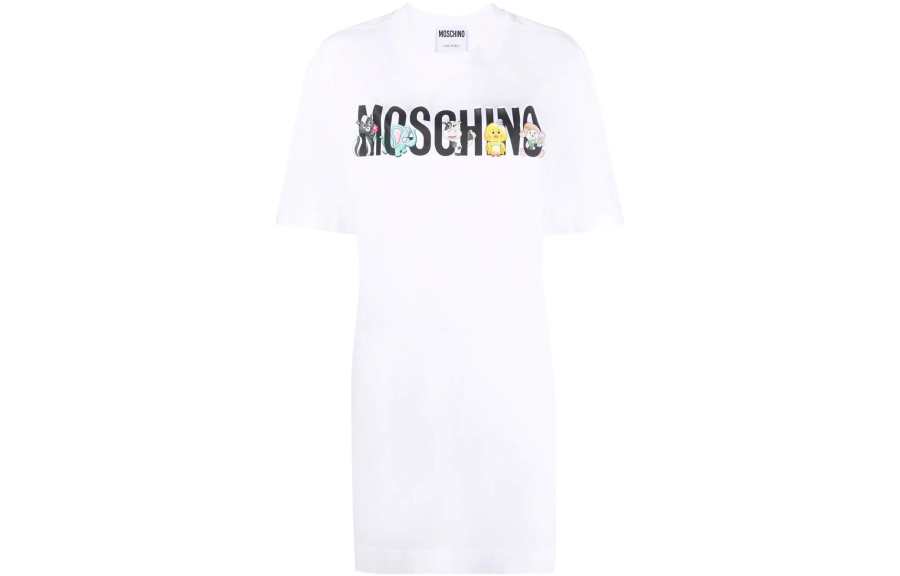 MOSCHINO Short Sleeved Dresses Women's White Crew Neck Moderate Mid Length