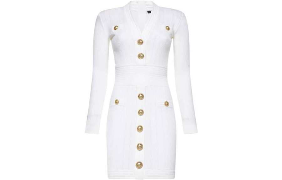 BALMAIN Long Sleeved Dresses Women's White V Neck Moderate Mid Length