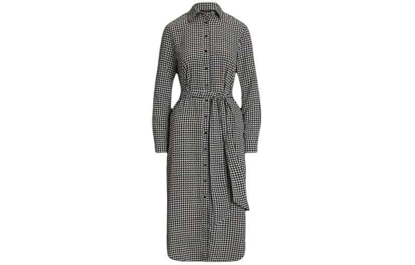 LAUREN RALPH LAUREN Houndstooth Belted Crepe Shirtdress Long Sleeved Dress Women's Black