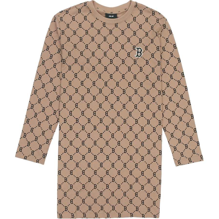 MLB Old Flower Long Sleeved Dresses Women's Brown Crew Neck Moderate Short