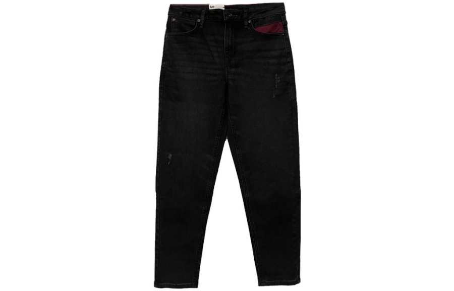 Lee Washed Distressed Fleece Lined Mid Rise Straight Leg Slim Fit Jeans Women's Black