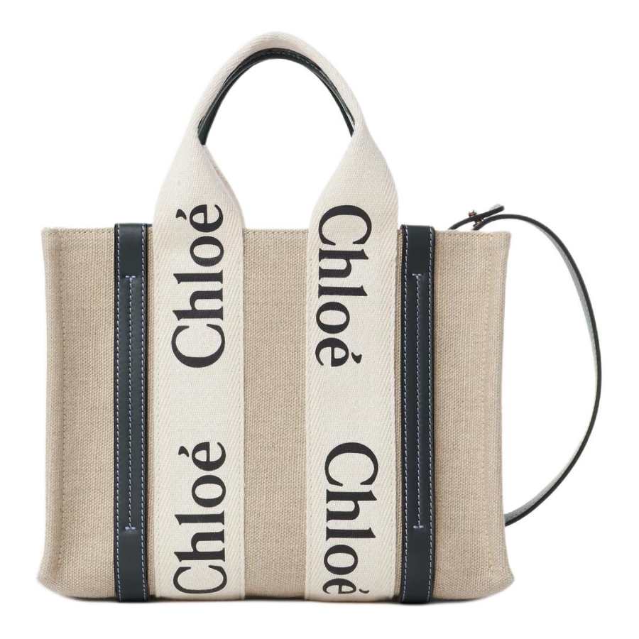 Chloé Chloe Woody Linen Tote Bag, Shopping Bag, Shoulder Bag, Handbag Small Women's White & Blue